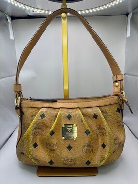 MCM Vintage Brown Visetos Pleated Shoulder Bag with Gold Plaque